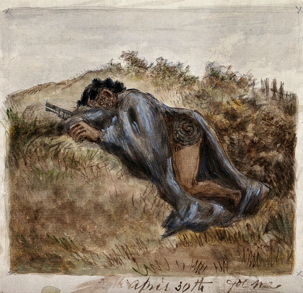 Maori warrior lying dead in the fern near Gate Pa, 30 April 1864. Watercolour by H.G. Robley, 1864.