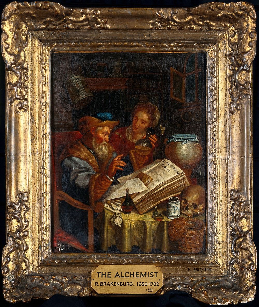 A man diagnosing from a woman's urine with the aid of a book by Galen. Oil painting.