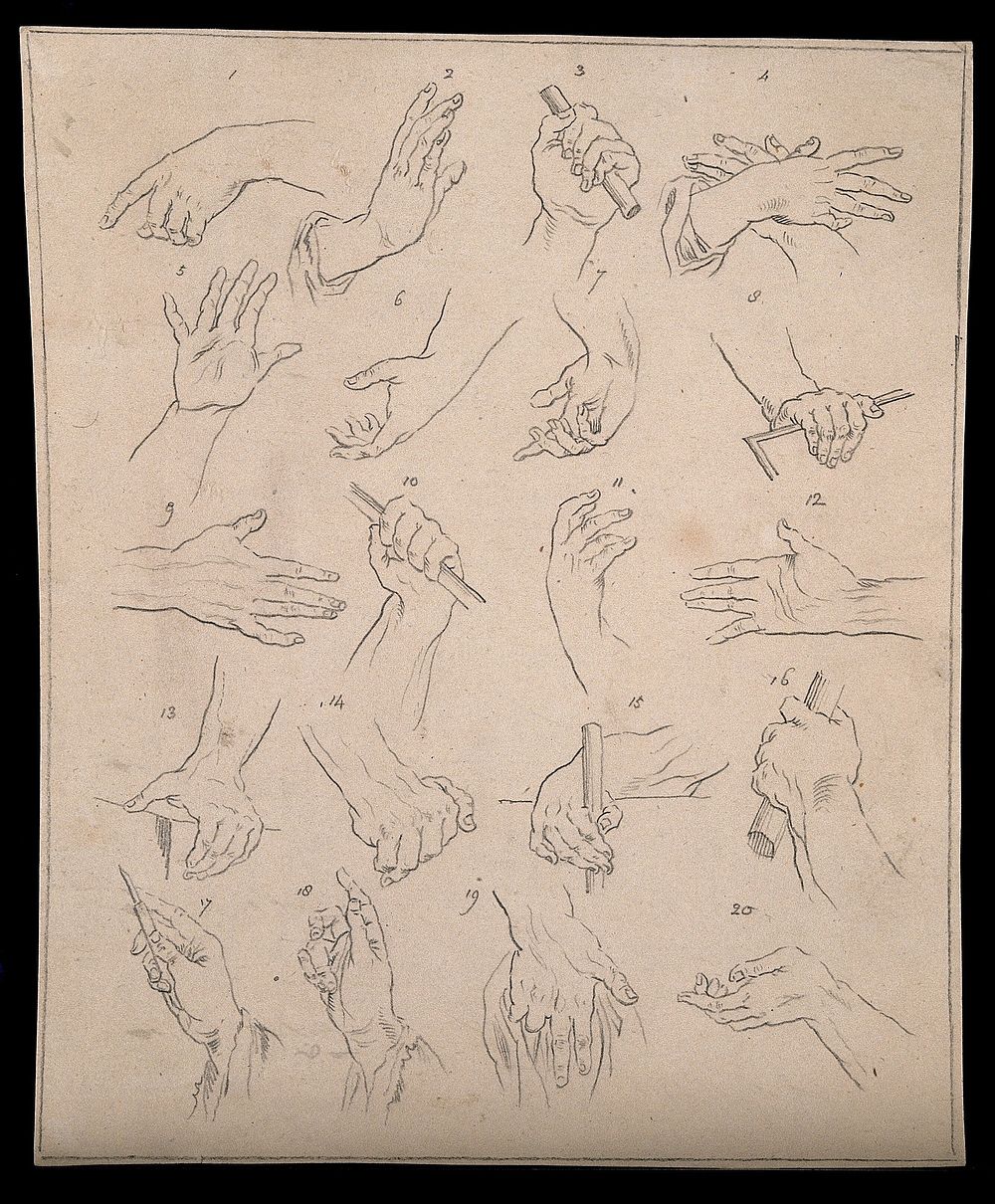 Twenty hands shown in various postures, movements and deeds. Drawing, c. 1793.