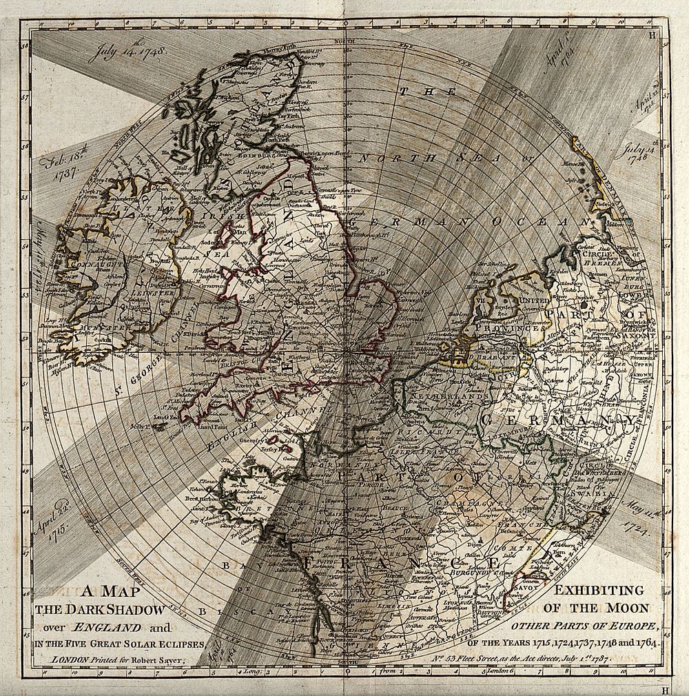 Astronomy: a map showing the paths of several eighteenth century eclipses over England. Engraving, 1787.