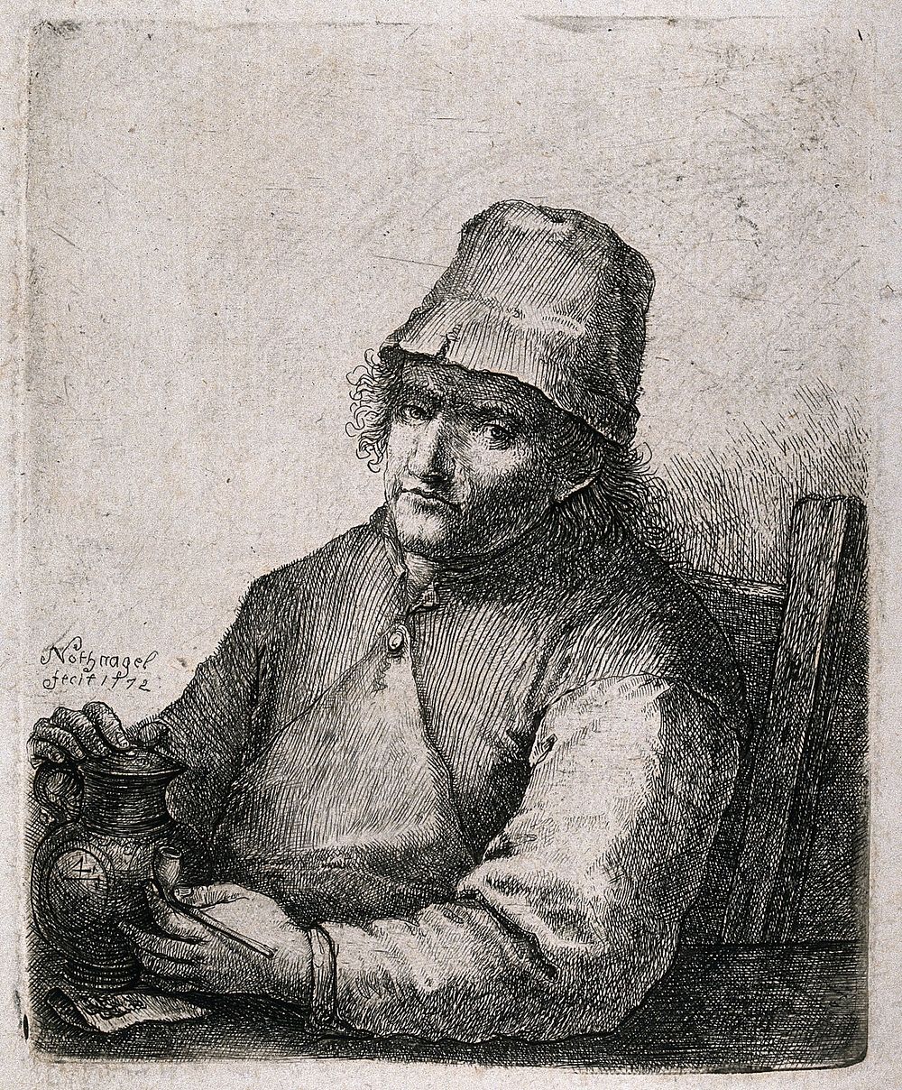 A man sits looking glum and holding his pipe and beer jug. Etching by J. Nothnagel, 1772.