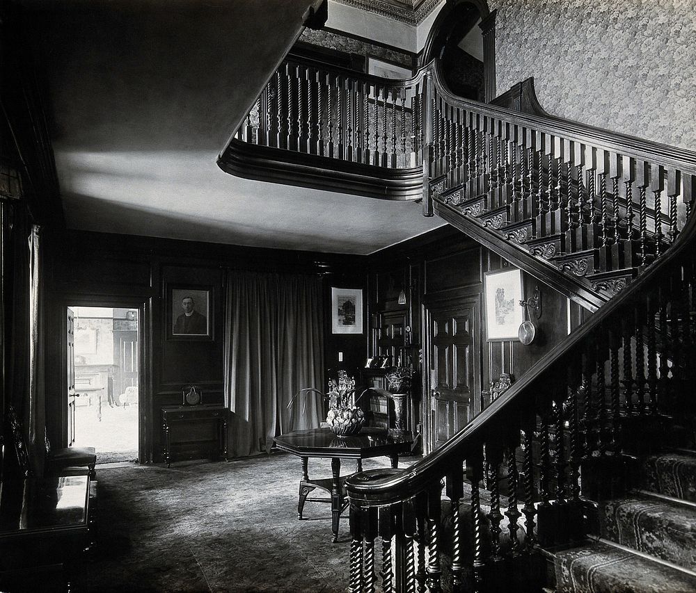 Upton House, residence of Joseph Lister, interior view of the staircase. Photograph, 1940.