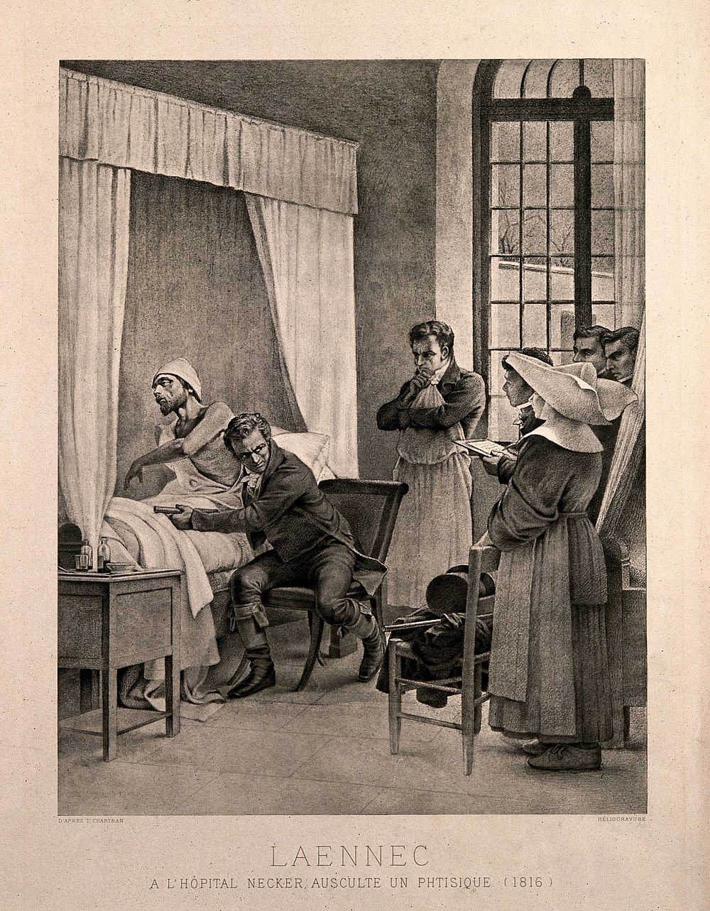 René Théophile Hyacinthe Laënnec auscultating a tubercular patient at the Necker Hospital, Paris, 1816. Heliogravure after a…