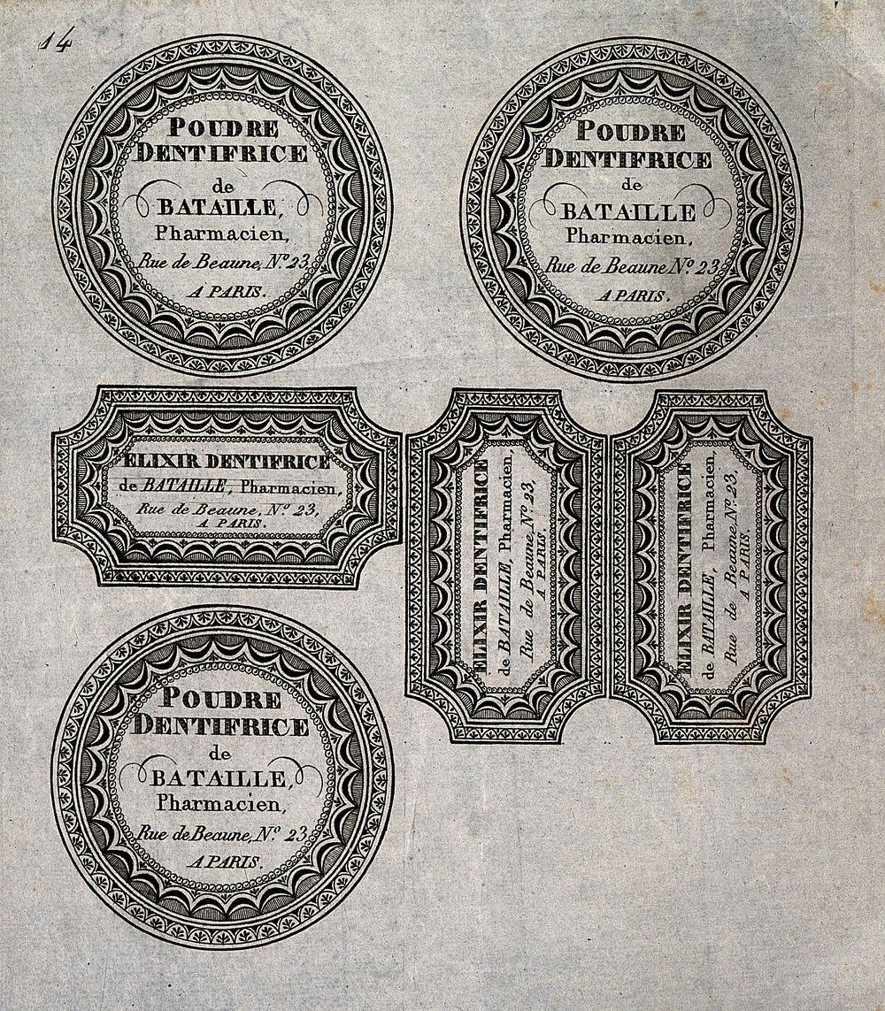 Five designs for toothpaste powder labels for a French pharmacist, Bataille. Line engraving.