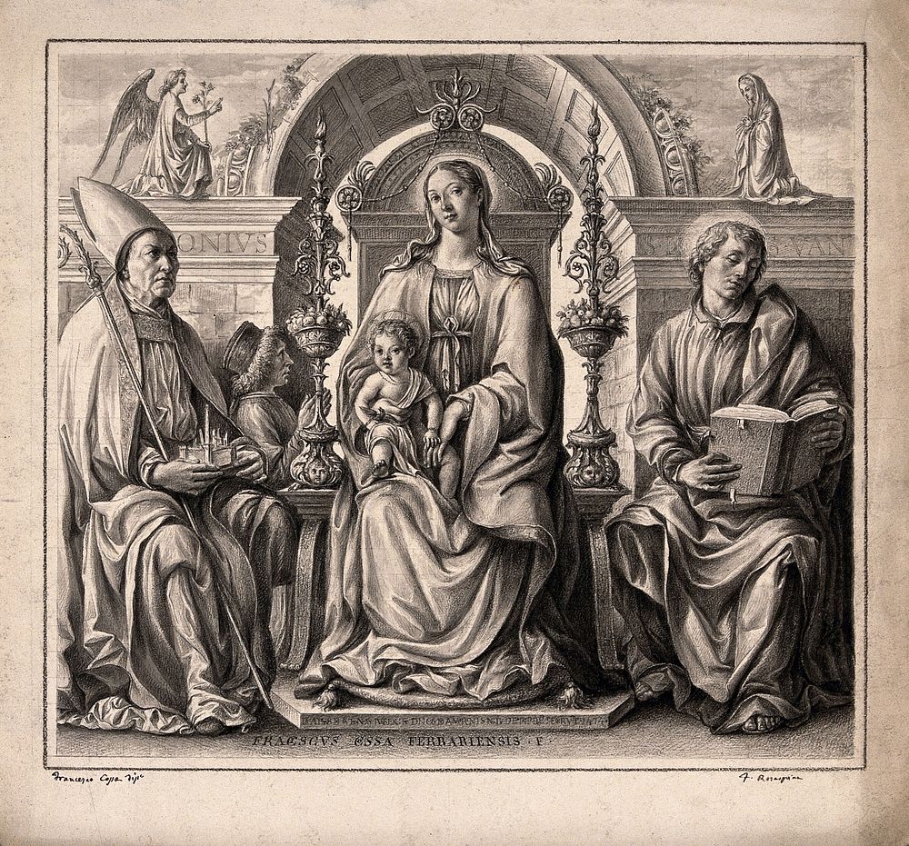 The Virgin Mary with Saint Petronius and Saint John the Evangelist and a donor. Drawing by F. Rosaspina, c. 1830, after F.…