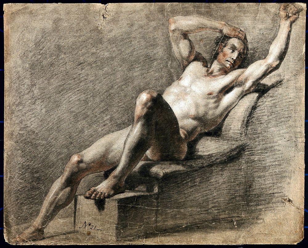 A reclining male nude with his right arm resting on his head and his left arm raised. Black and red chalk drawing by J.J.…