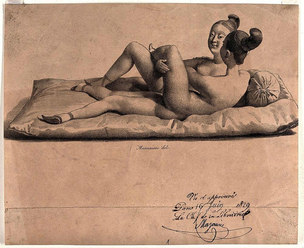 Two Chinese girls with bound feet are making love on a mattress. Lithograph by J.B. Mauzaisse, 1829.