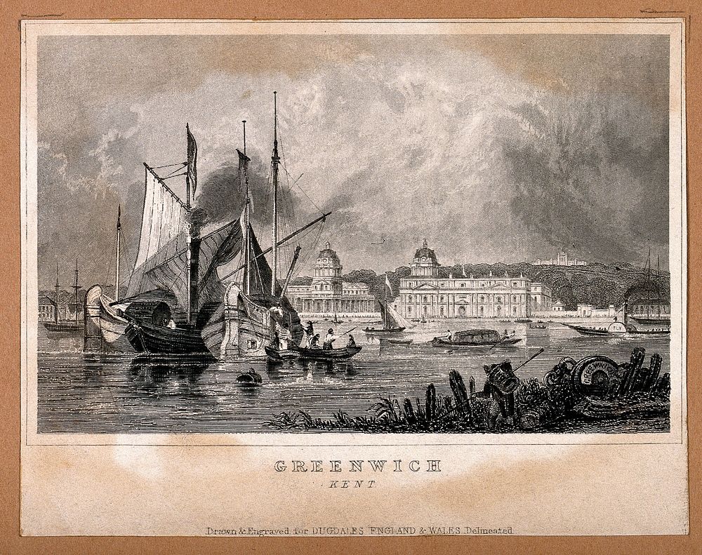 Royal Naval Hospital, Greenwich, with ships and rowing boats in the foreground. Engraving by E. Langley.