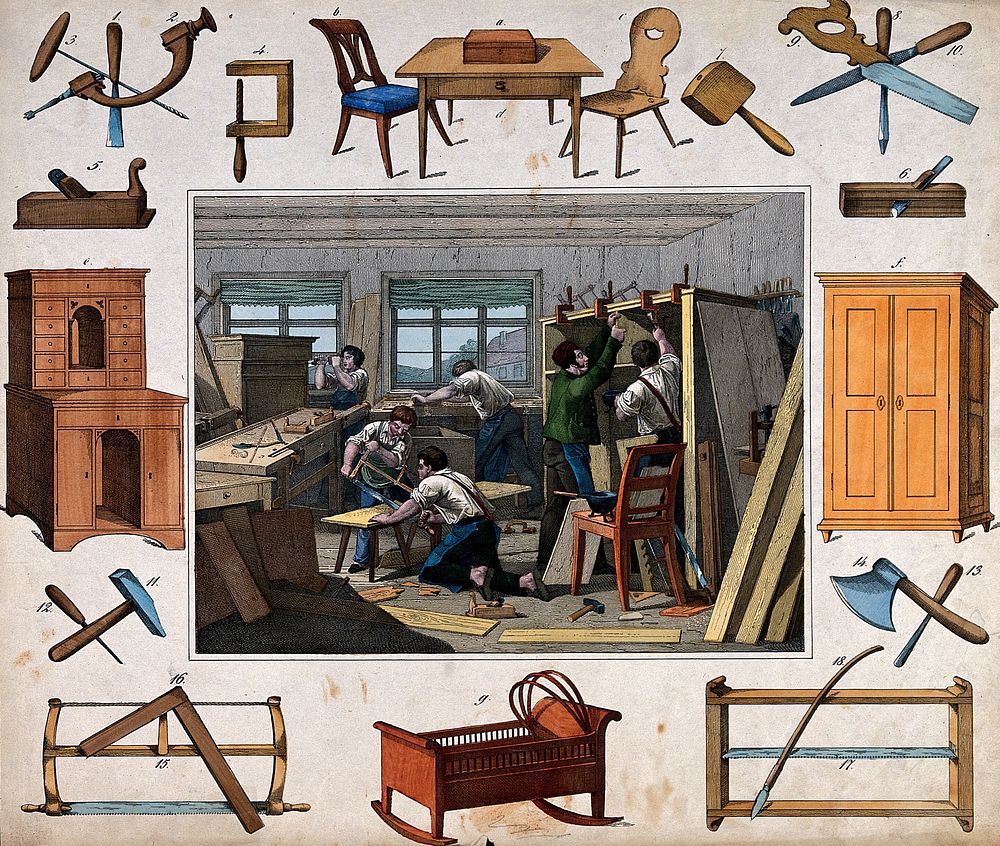 Six men are working with saws, drills, hammers and vices making chairs, cabinets shelves and cradles. Coloured etching.