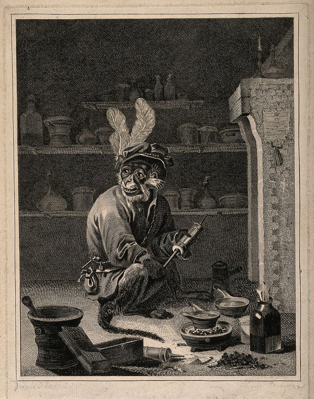 A monkey holding a clyster in an apothecary's shop. Engraving after D. Teniers the younger.