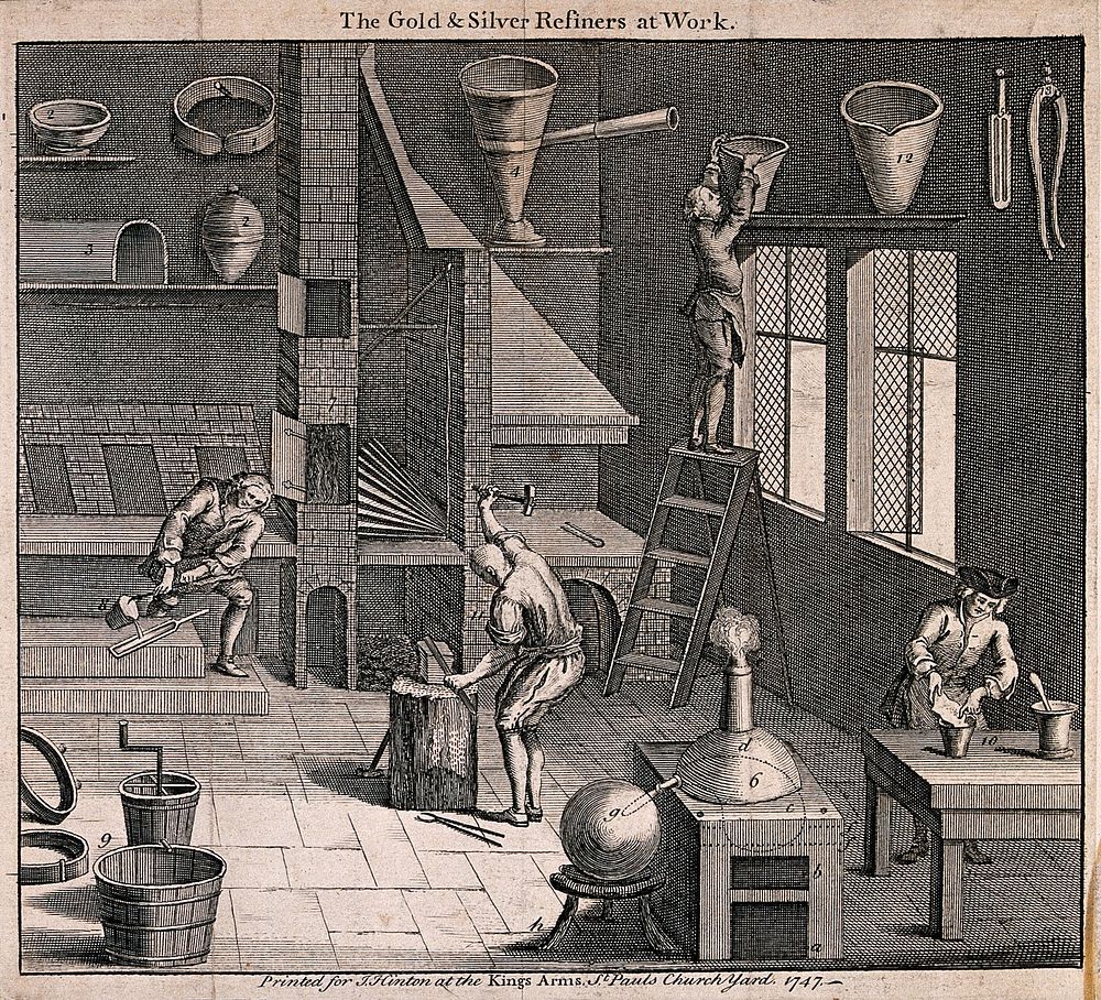 The process of gold and silver refining. Engraving, 1747.