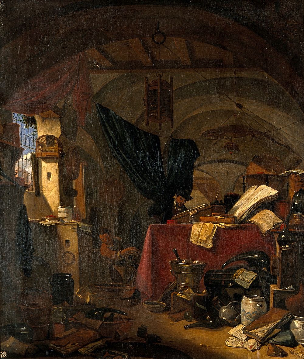 Interior with an alchemist studying a book, his assistant pouring liquid into a bowl. Oil painting by Thomas Wijck (Thomas…