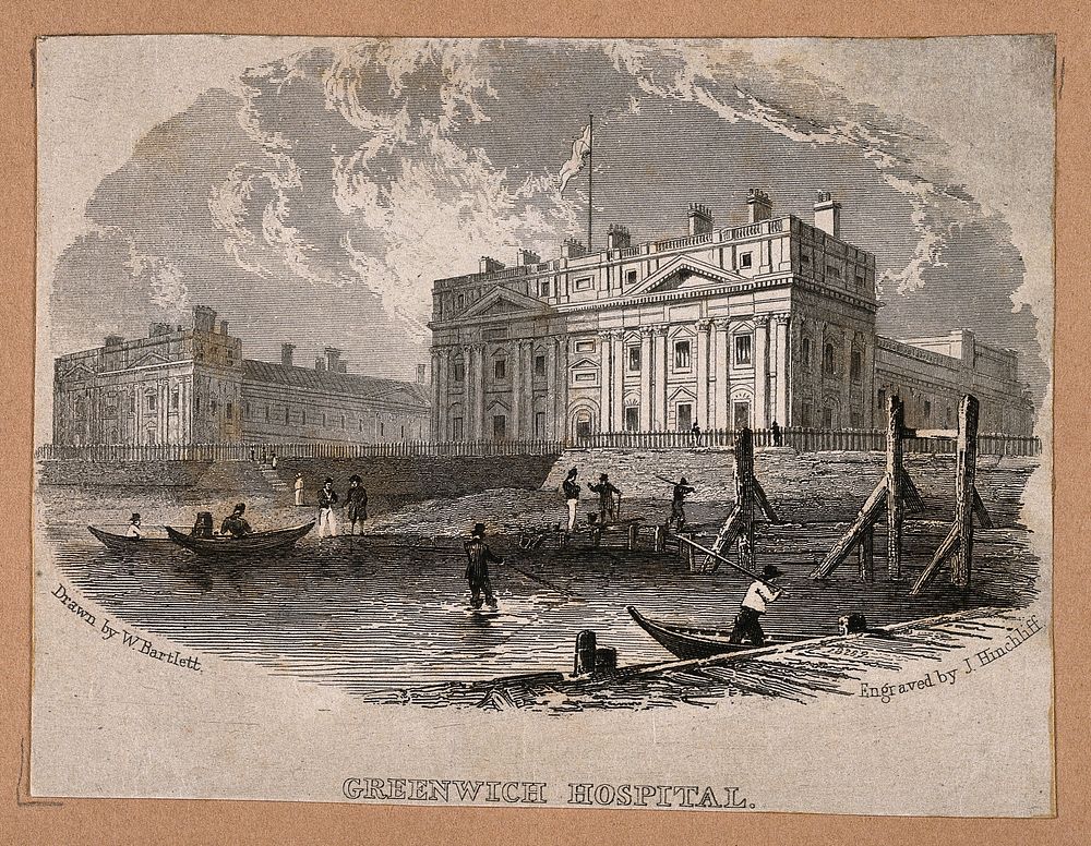 Royal Naval Hospital, Greenwich, with fishermen and mudlarks in the foreground, viewed from a pier. Engraving by J.…