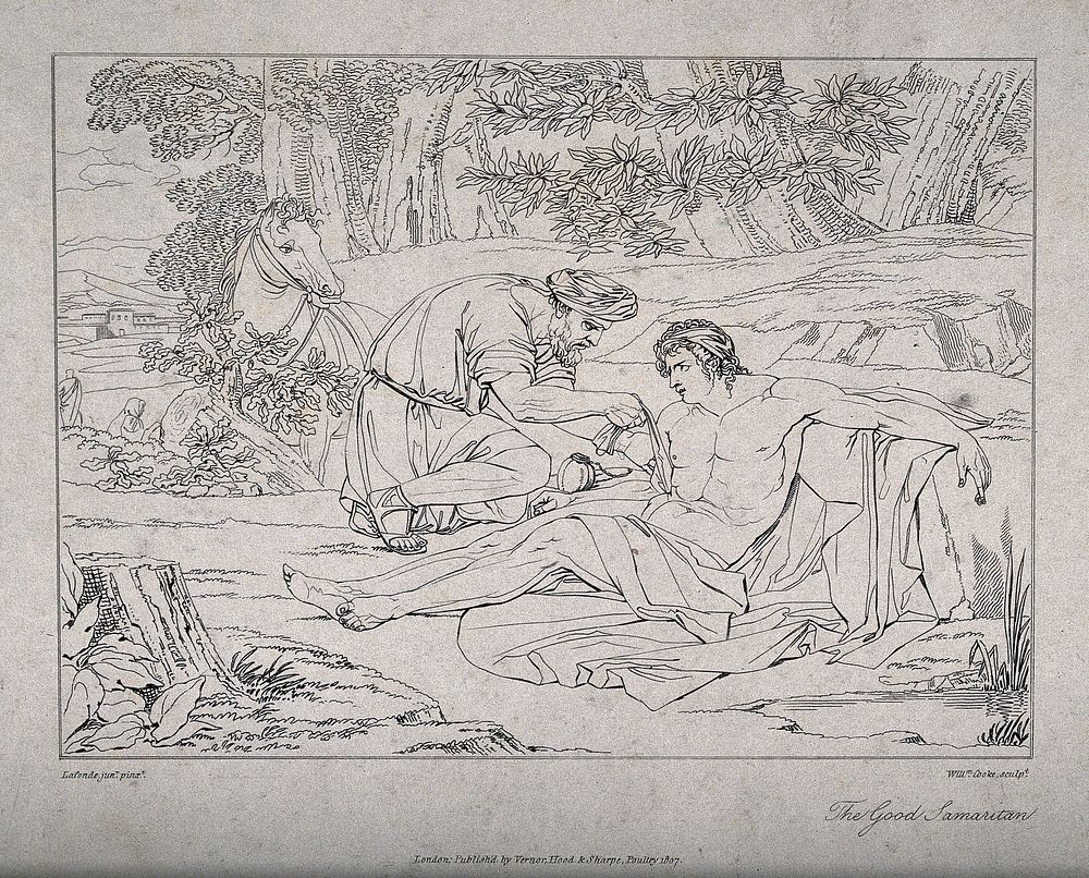The good Samaritan tending the wounds of a beaten robbed man. Etching by W. Cooke, 1807, after C.N.R. Lafonde.