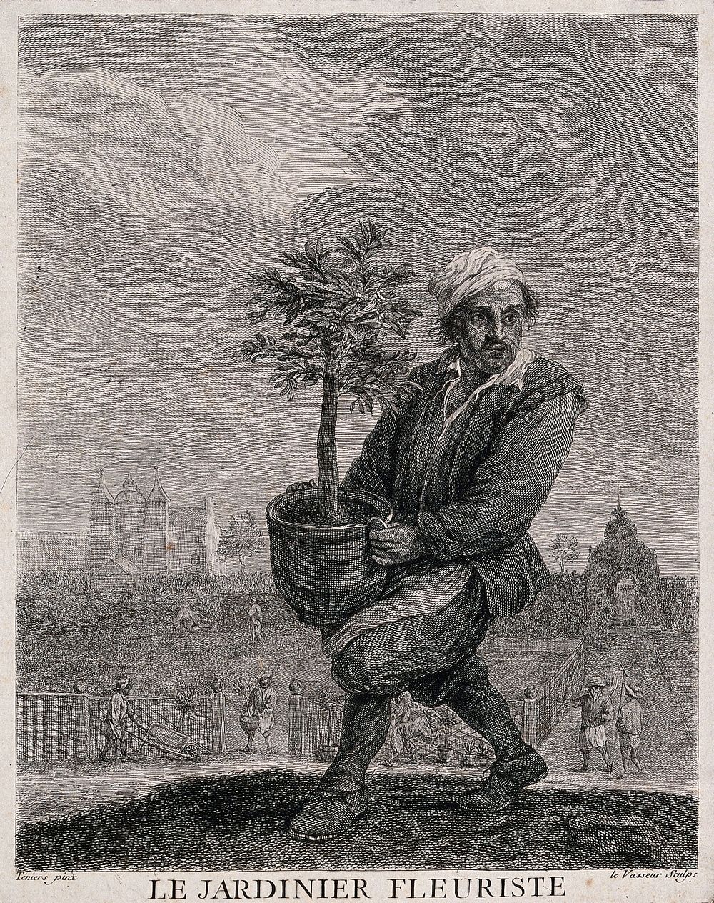 A man carries a large pot plant while, in the background, gardeners are at work. Etching by J.C. Le Vasseur, 18th century…