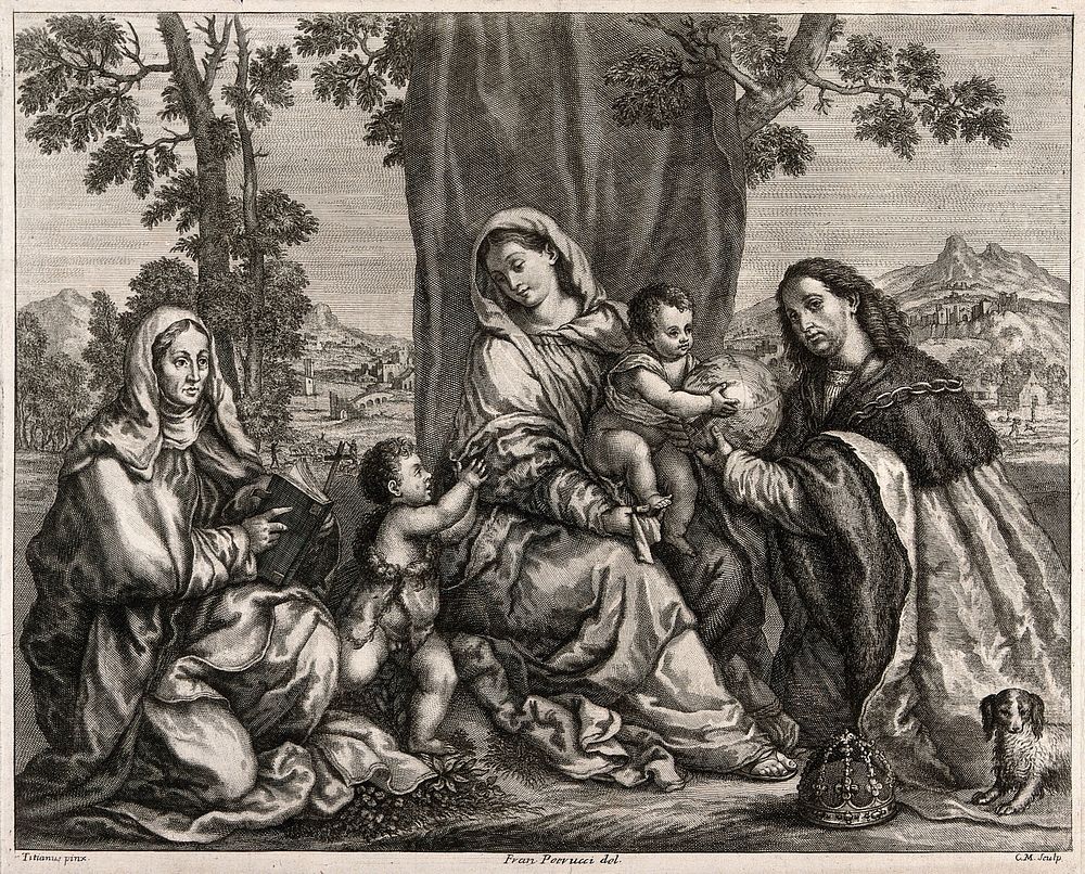 Saint Mary (the Blessed Virgin) with the Christ Child, Saint Elisabeth, Saint John the Baptist and a donor. Engraving by C.…