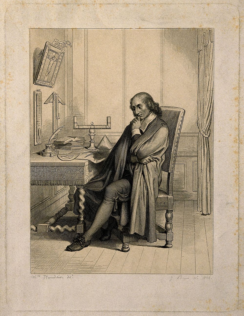 Blaise Pascal, seated at his desk. Line engraving by J. Bein, 1844, after H. Flandrin.