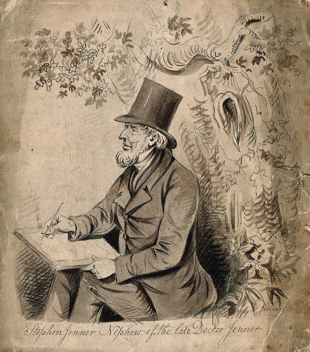 Stephen Jenner seated under a tree, wearing a top-hat, sketching. Pencil, ink and brown wash by S. Jenner.