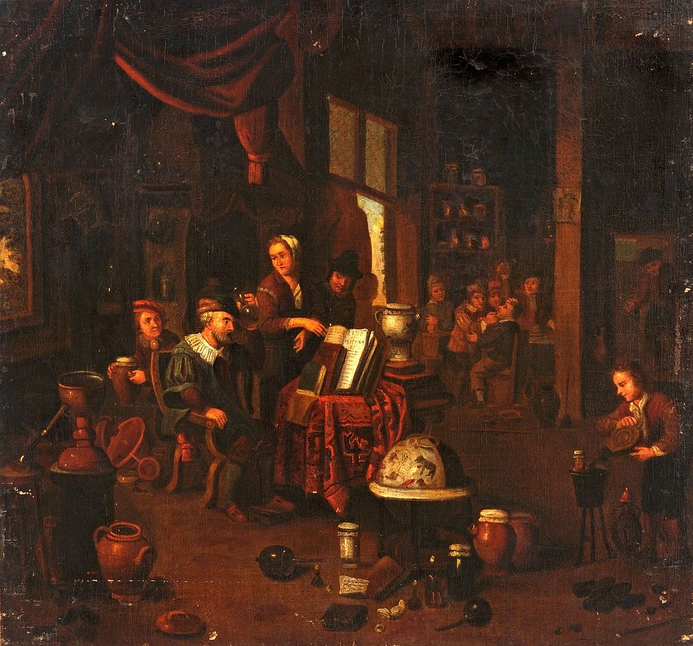 A physician examining a urine-flask. Oil painting by a follower of Gerard Thomas.