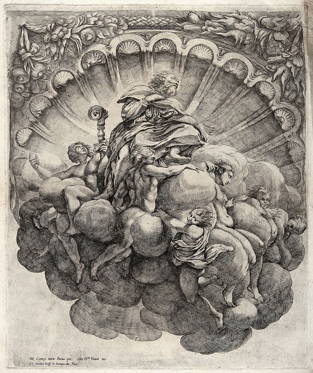 A bishop surrounded by seven angels. Etching by G.B. Vanni after A. Correggio.