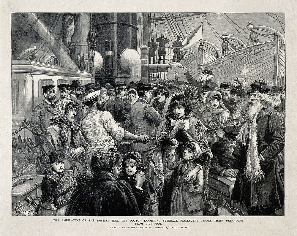 Russian Jews being examined by a doctor before emigration from Liverpool to the United States. Wood engraving after C.J.…