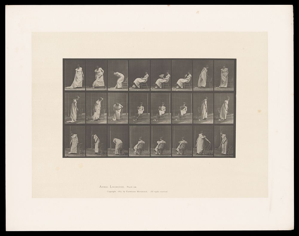 A clothed woman sits on a chair then stands. Collotype after Eadweard Muybridge, 1887.
