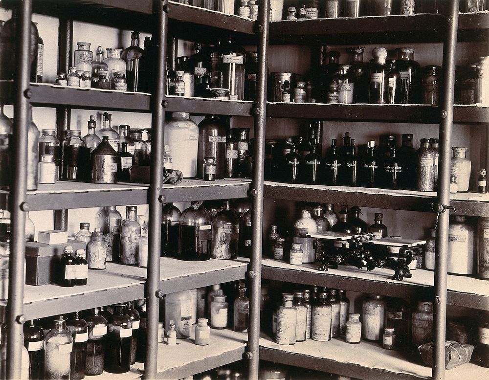 Imperial Bacteriological Laboratory, Muktesar, Punjab, India: store room; shelving holding bottles. Photograph, 1897.