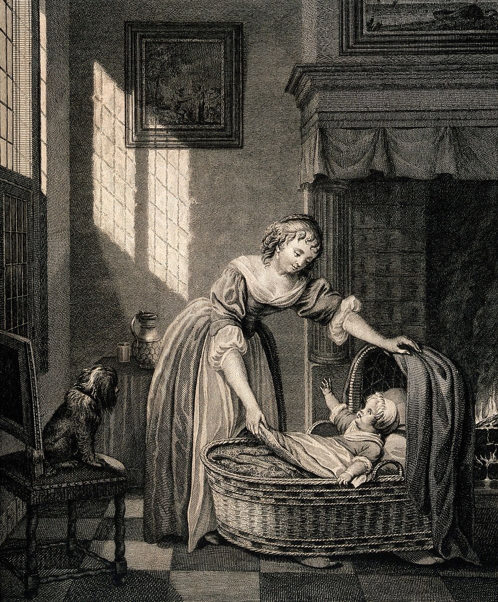 A woman taking her baby from its cradle. Engraving.