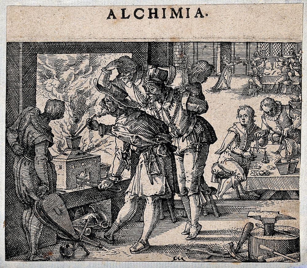 An alchemist stoking a furnace, surrounded by well dressed onlookers: a banquet takes place in the background. Etching by C.…