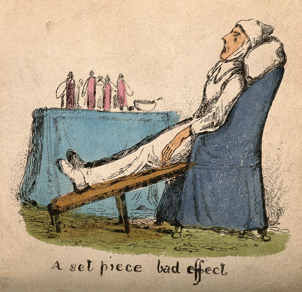 An invalid strapped into a special chair, next to him is a table full of medicine bottles. Coloured lithograph.