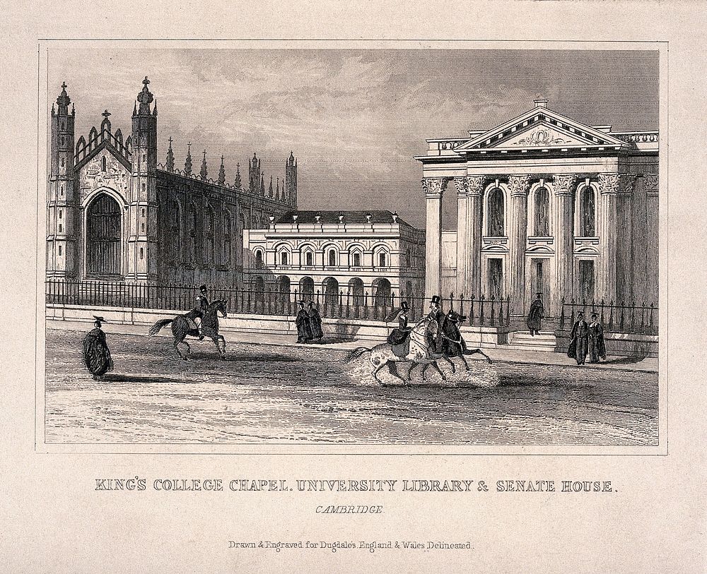 King's College Chapel, east range of the Old Schools and Senate house, Cambridge. Line engraving.