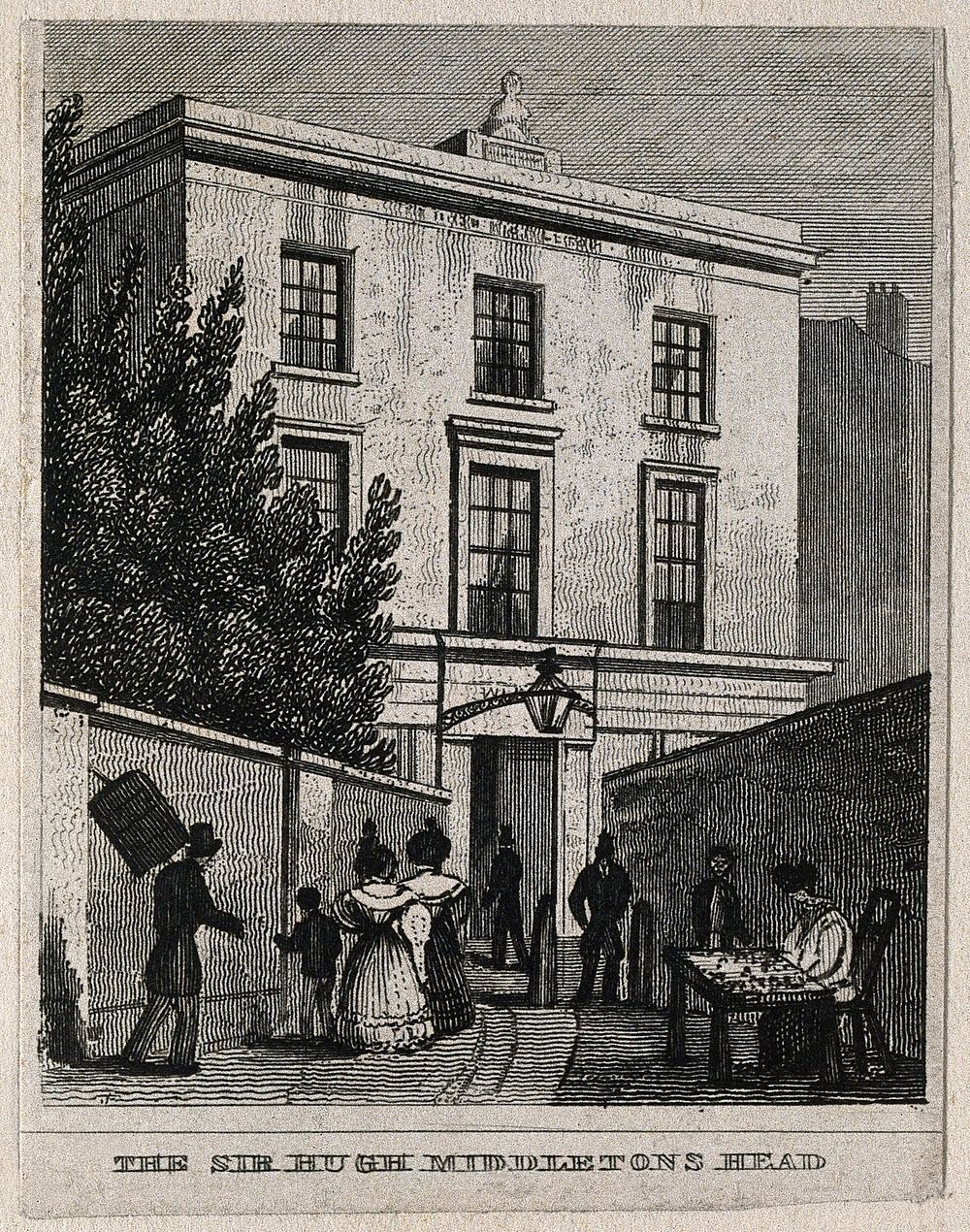 Sir Hugh Myddelton's conduit head near Sadler's Wells, London. Engraving, perhaps after T. H. Shepherd.