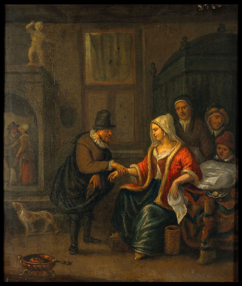 A medical practitioner taking a woman's pulse. Oil painting by a follower of Jan Havickz. Steen.