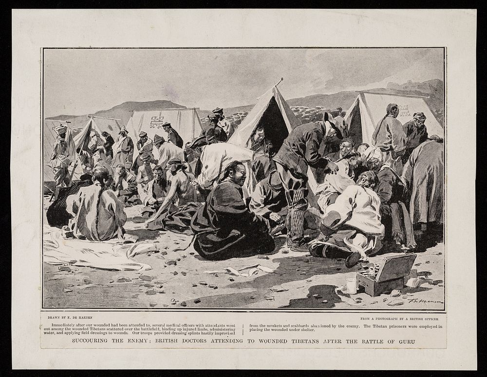 Succouring the enemy : British troops attending to wounded Tibetans after the battle of Guru / drawn by F. de Haenen from a…