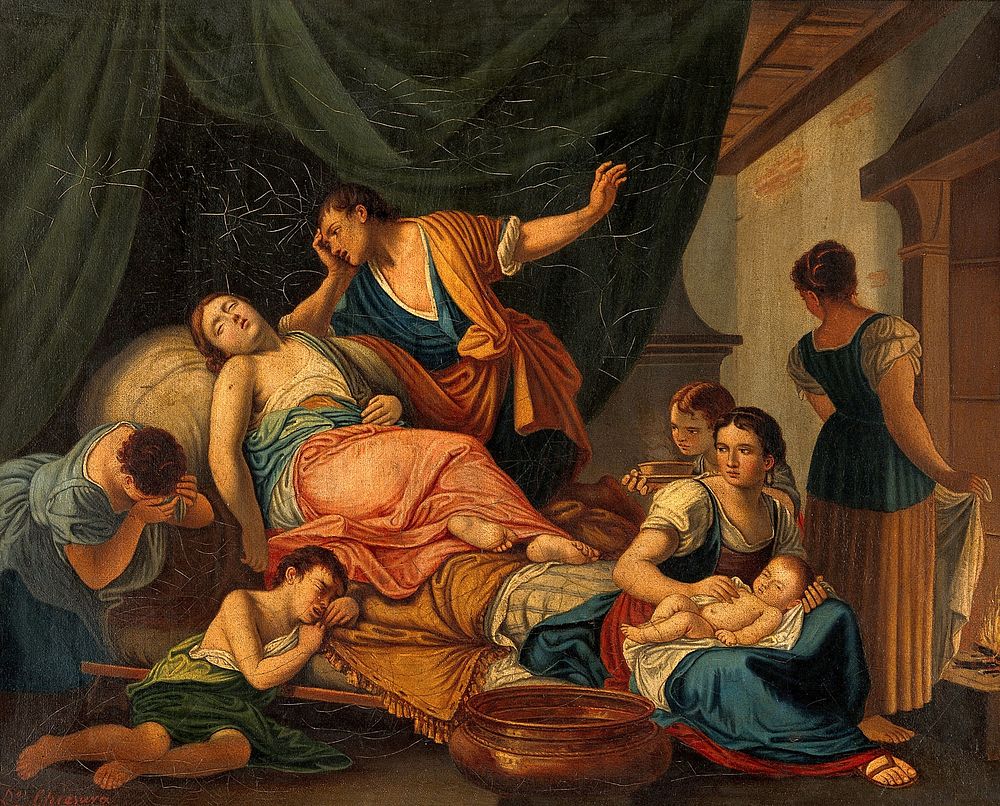 The birth of Benjamin and the death of Rachel. Oil painting by D. Chiesura after G.B. Cignaroli.