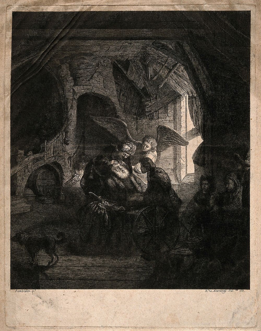 Tobias under the guidance of the archangel Raphael, cures Tobit's blindness using a 'fish-gall'. Etching by A. de Marcenay…