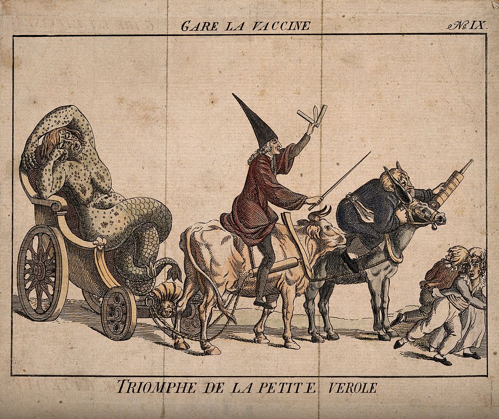 A diseased woman turning into a mermaid, a physician with a lancet riding on a cow and an apothecary wielding a syringe form…