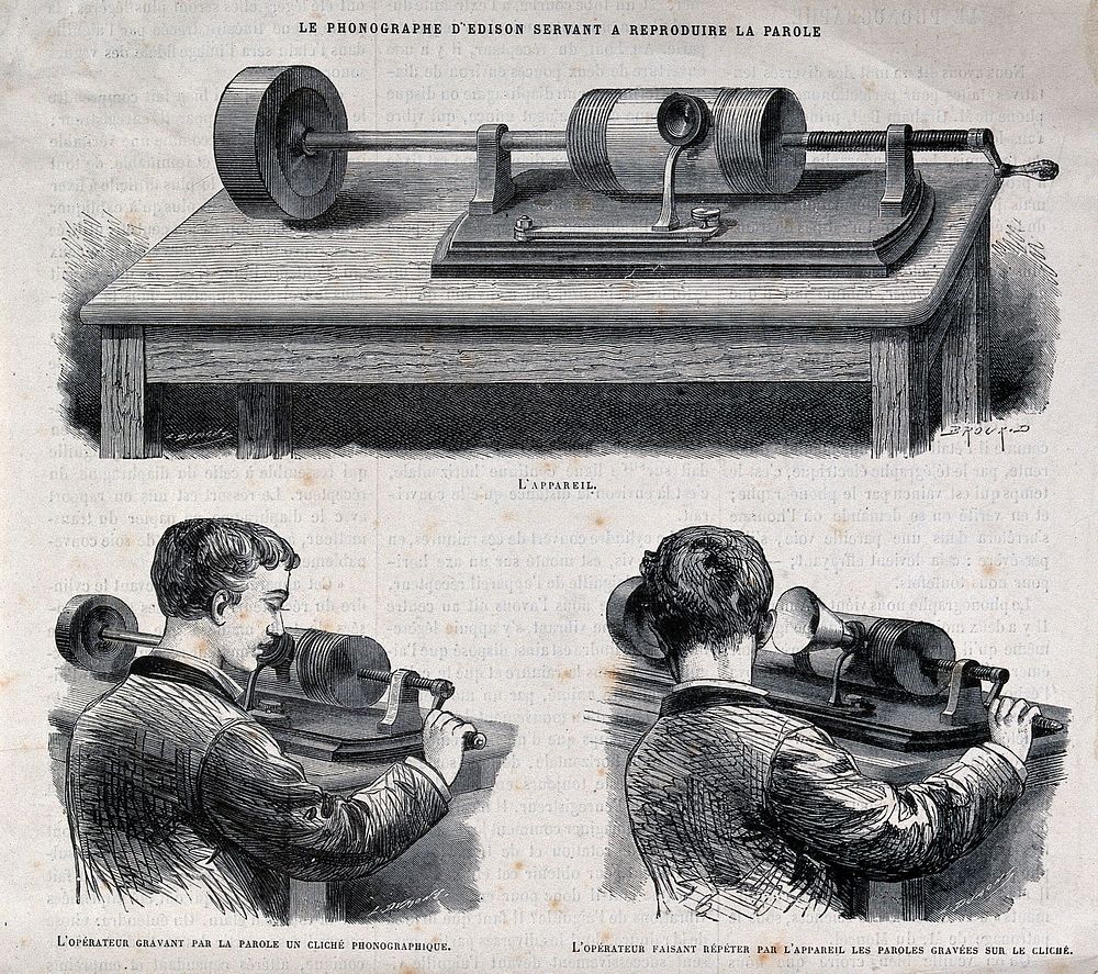 Acoustics: an Edison wax cylinder recorder. Wood engraving.