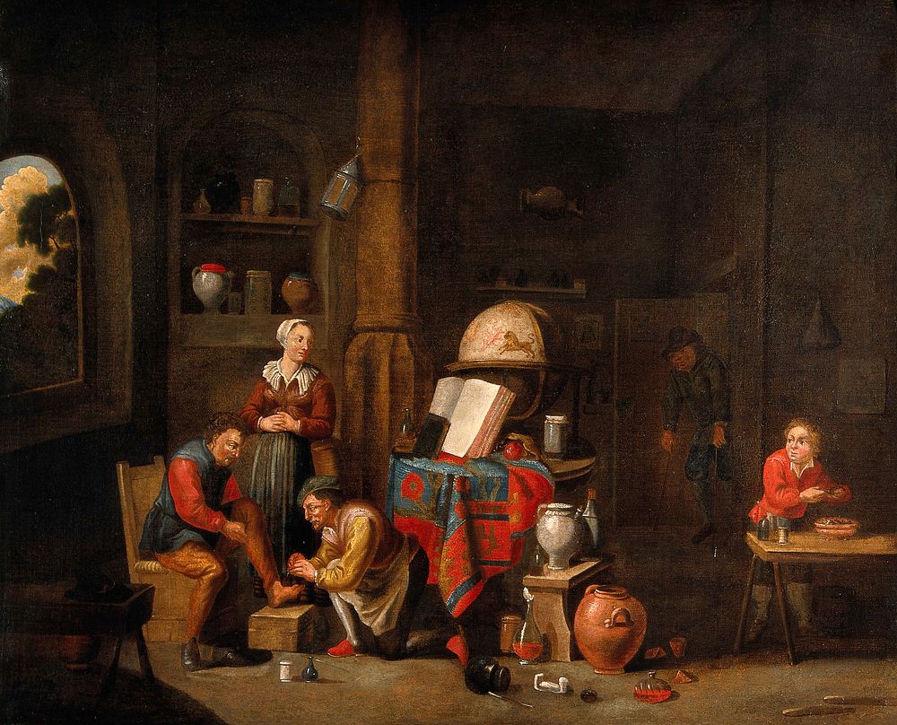 A surgeon treating an injury to a man's foot. Oil painting by a follower of David Teniers the younger.
