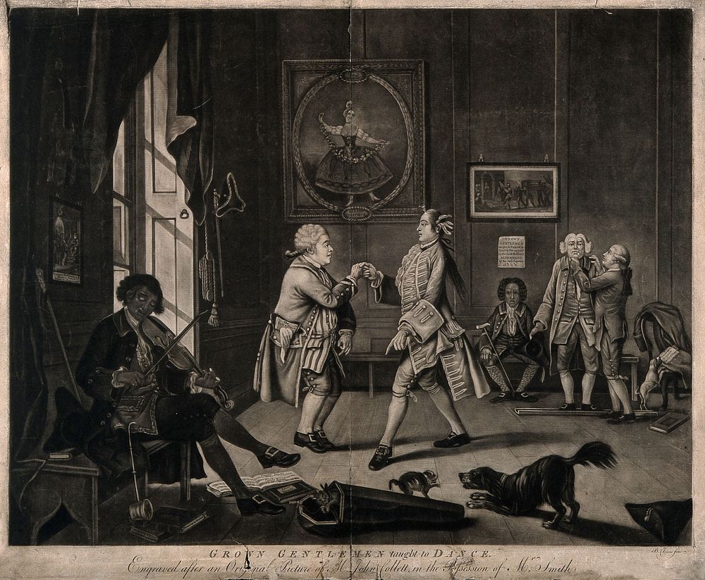 Gentlemen being instructed in dancing and posture. Mezzotint by B. Clowes after J. Collet, ca. 1768.