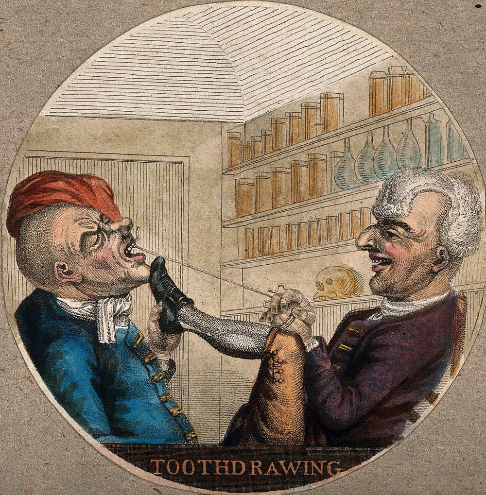 A tooth-drawer using a cord to extract a tooth from an agonized patient in a pharmacy. Coloured stipple engraving.
