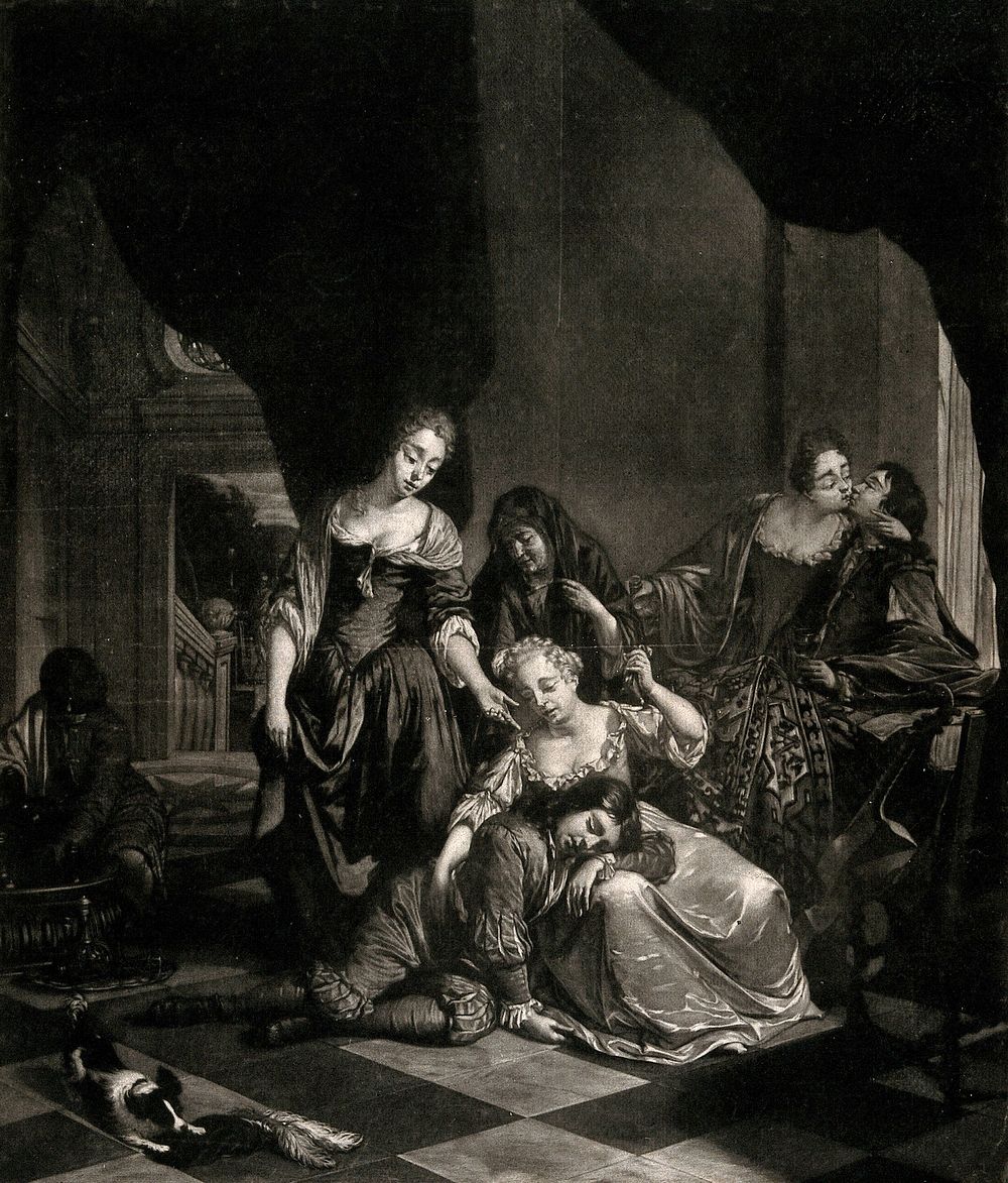 A man and a woman embrace and drink wine in the corner of a room, as a girl attempts to rouse the boy who has fallen asleep…