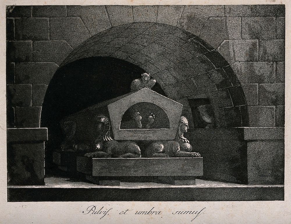 A stone tomb decorated with Egyptian ornaments. Aquatint.