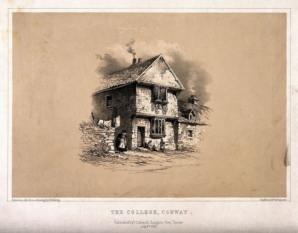 Conway College, Chester. Coloured lithograph by G. Hawkins, 1850, after G. Pickering.