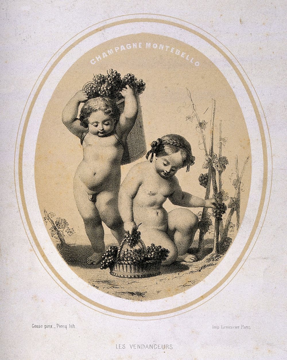 Two naked children picking grapes. Lithograph by Piecq, c. 1845, after Gosse.