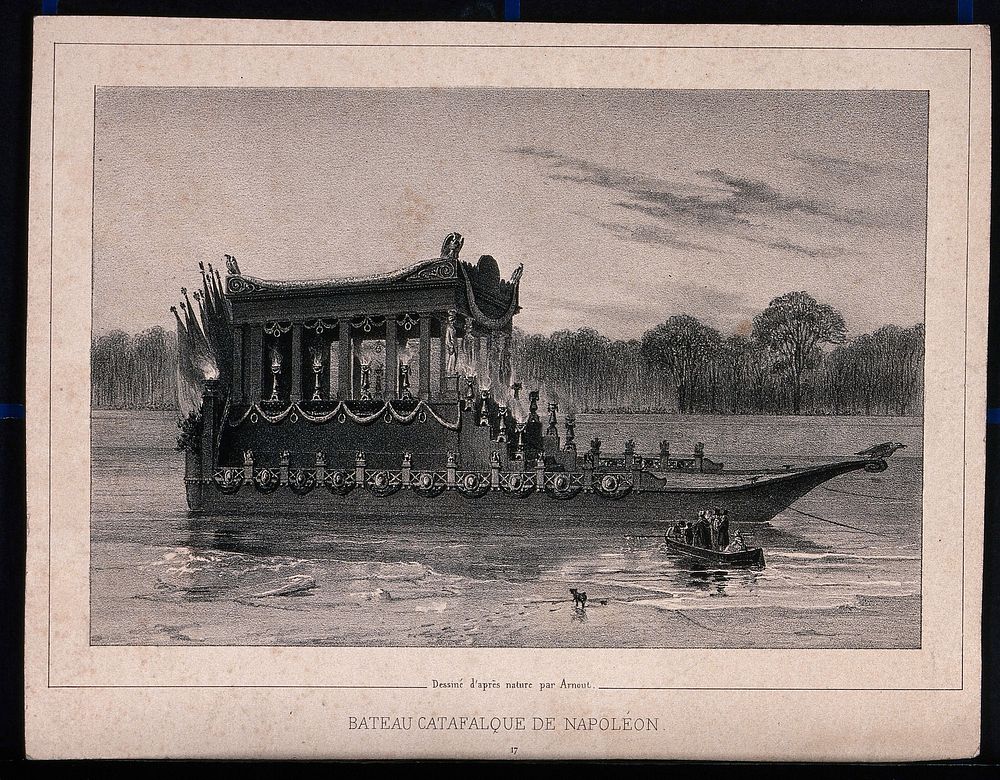 The boat bearing the catafalque with the remains of Napoleon Bonaparte. Lithograph by J. Arnout.