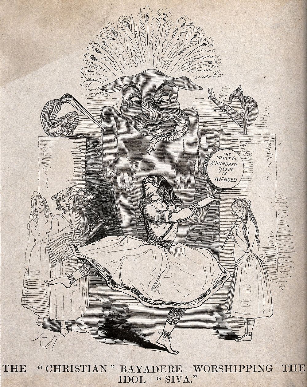 Lord Ellenborough as a dancing girl in a Hindu temple; representing press allegations that, as Governor-General of India, he…