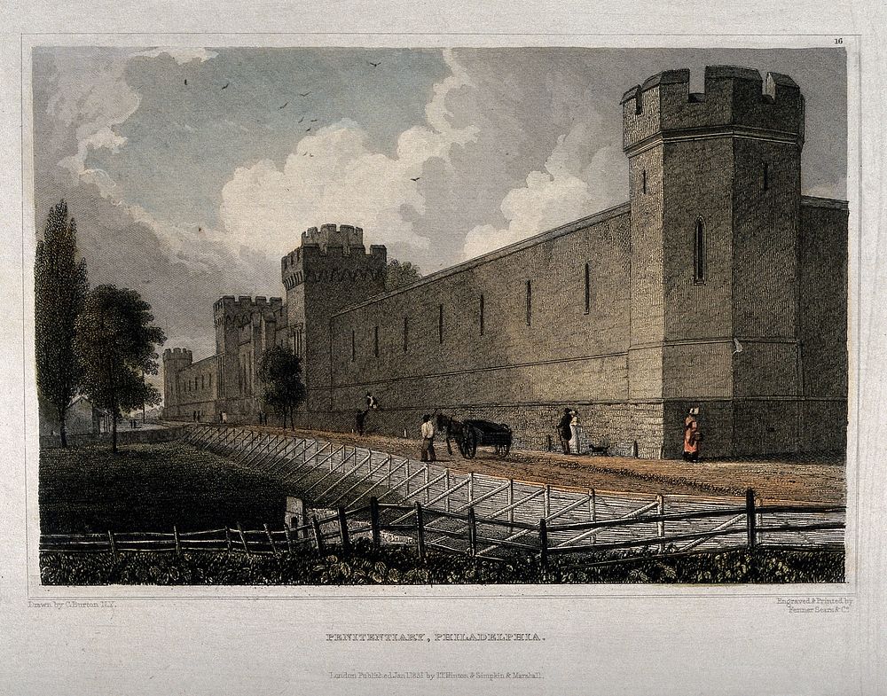 Prison, Philadelphia: side view. Coloured engraving by Fenner Sears & Co., 1831, after C. Burton.
