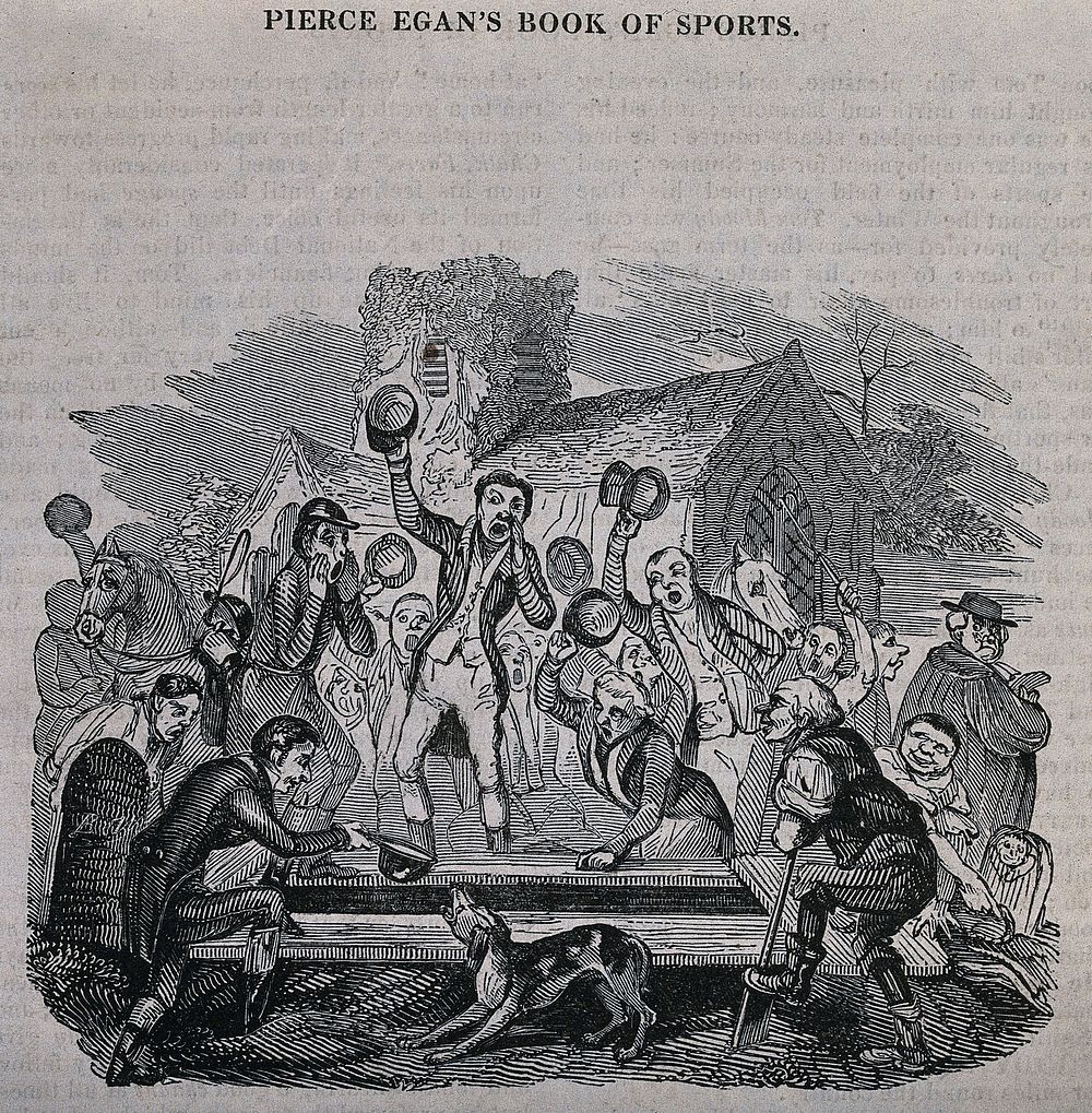 The funeral of Tom Moody, a huntsman: members of the hunt cry "View-halloo" and "Tally-ho!" over his grave. Wood engraving…