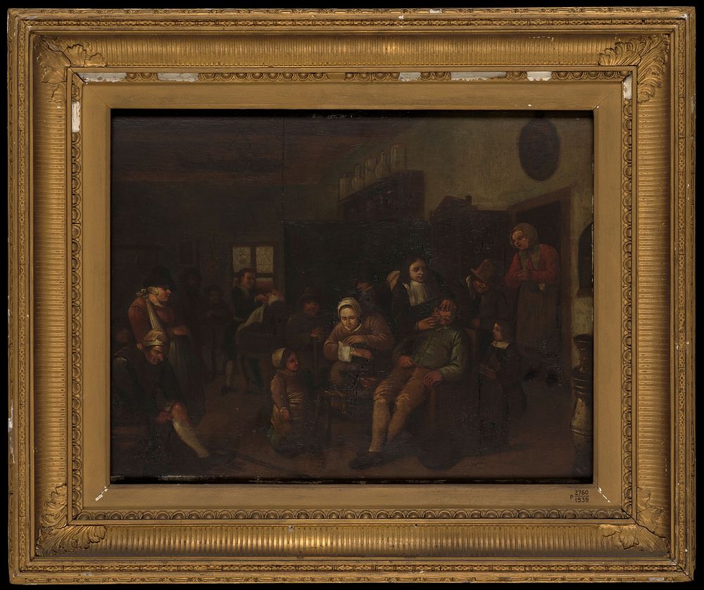Barber surgeons operating. Oil painting after E. van Heemskerck.
